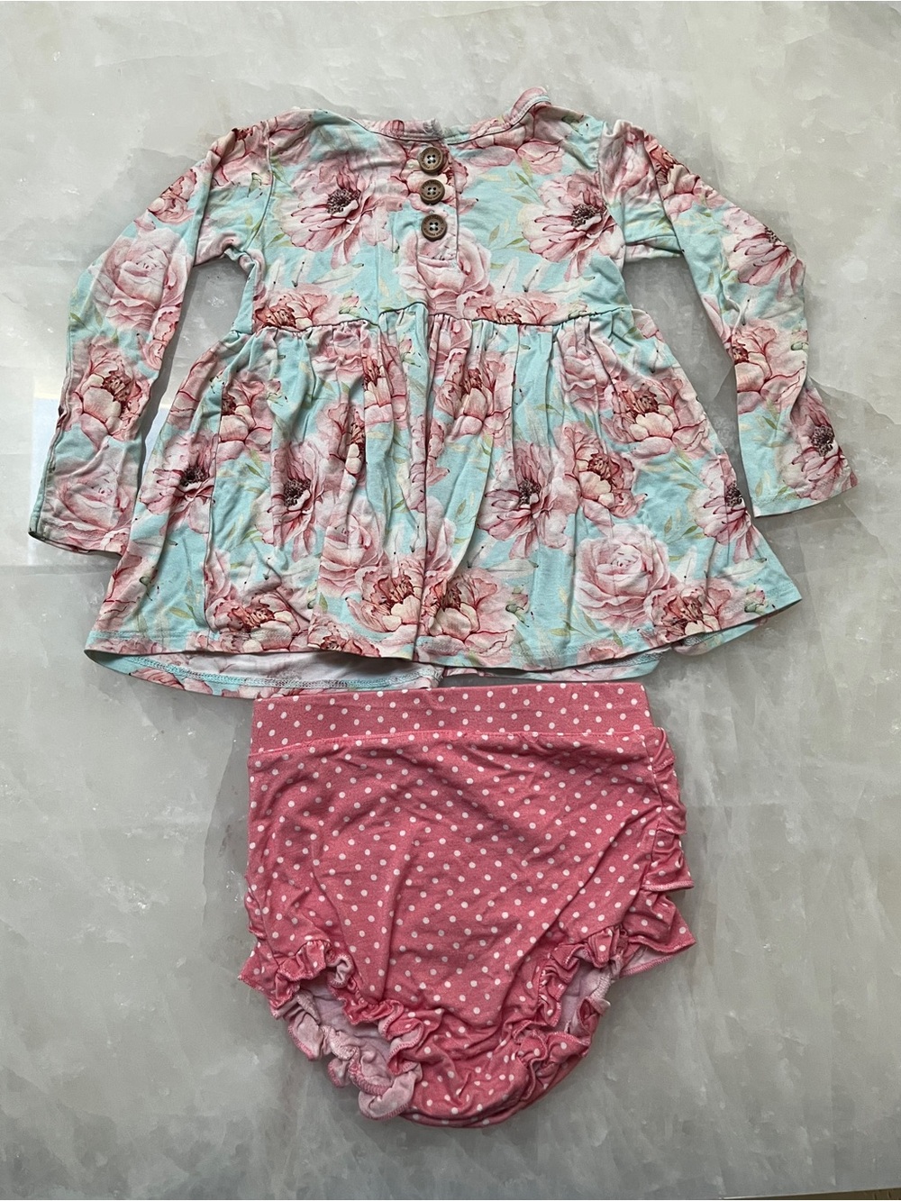 Posh Peanut Pink Floral Long-Sleeve Top with Pink Polka Dot Bloomers